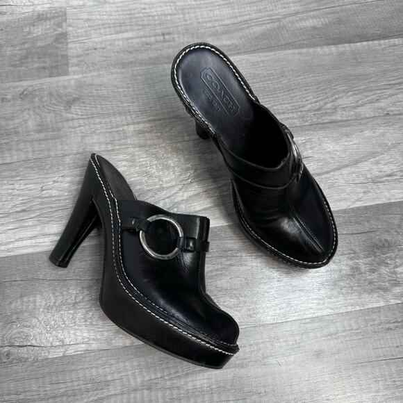 Y2K Coach Leather Platform Mules Black Heels Silver O-Ring Chucky Size 6 - Picture 1 of 8